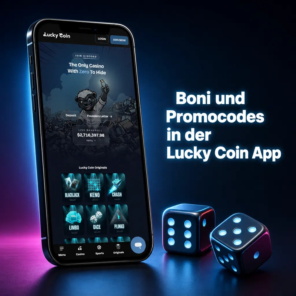 Lucky Coin App Bonusbereich mit Promocode-Feld, Freispielen, Cashback und Prämienangebot 2026