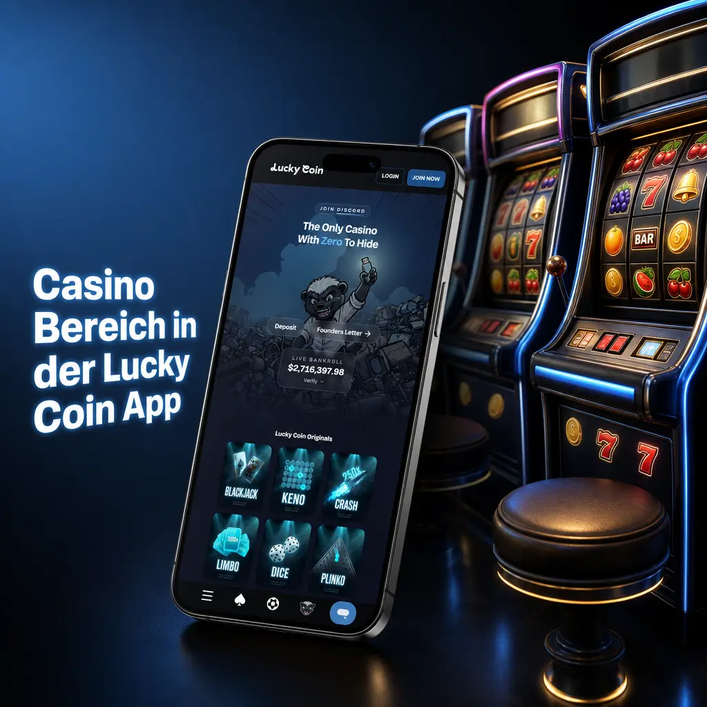 Casino-Bereich der Lucky Coin App mit sortierten Slots, Live Casino, Tischspielen und neuen Spielen