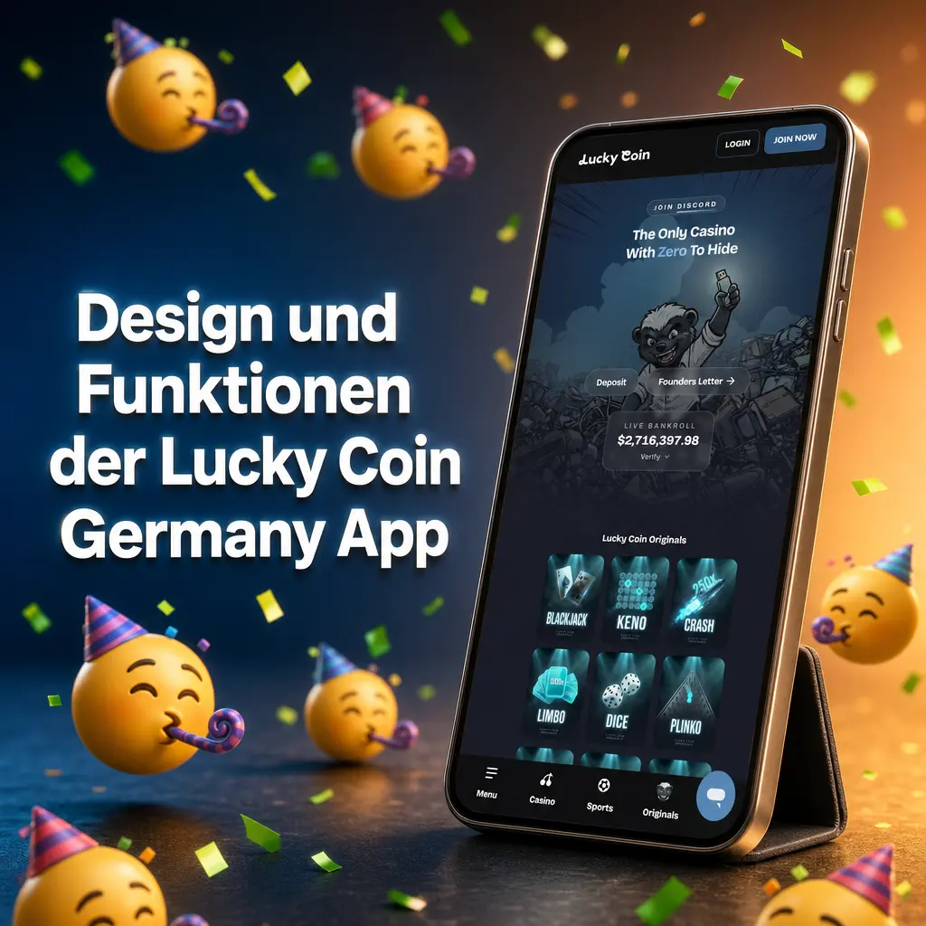 Lucky Coin Germany App mit dunklem Design, großen Kacheln für Sportwetten, Casino, Kasse und Bonus