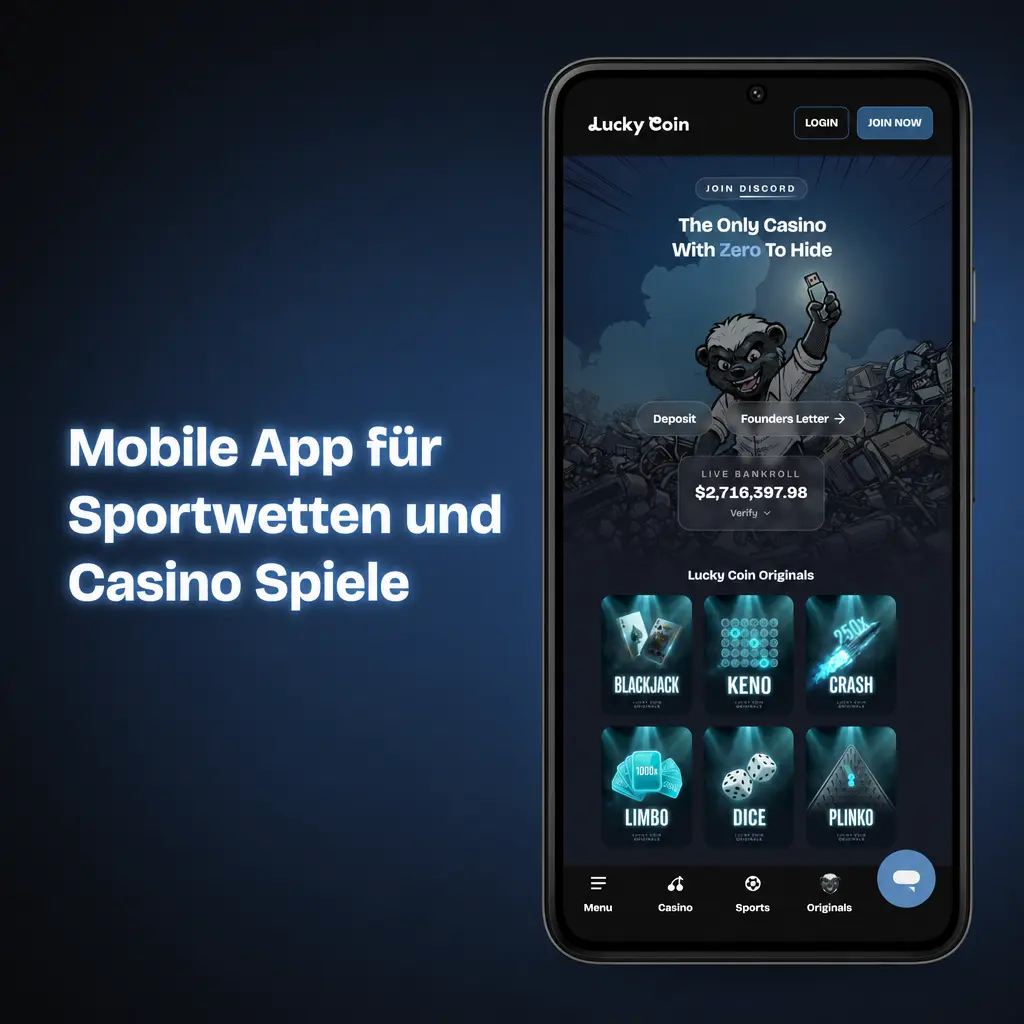Smartphone mit Lucky Coin App für Sportwetten, Slots, Live Casino und Kasse auf Android und iOS