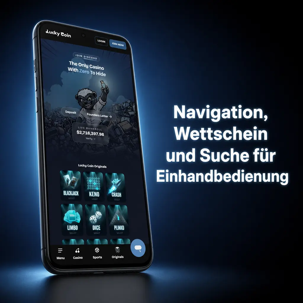 Mobile Wettanbieter-Oberfläche mit Navigation, Suche, Filtern und Wettschein für Einhandbedienung