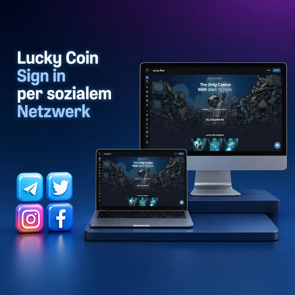 Lucky Coin Login mit Symbolen für Telegram, Google und soziale Netzwerke auf der Anmeldemaske