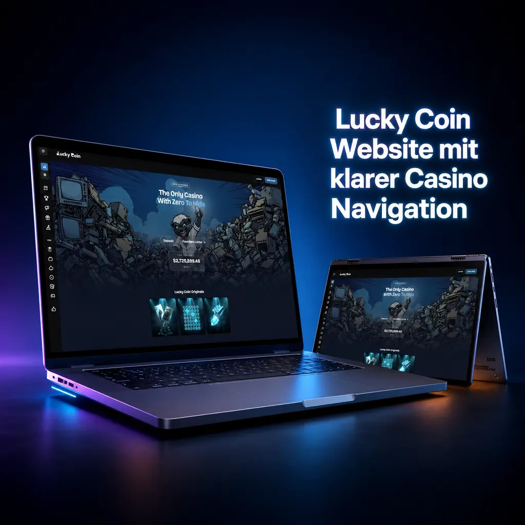 Lucky Coin Website 2026 mit dunklem Design, blauen Akzenten, Casino-Navigation und Spielkacheln